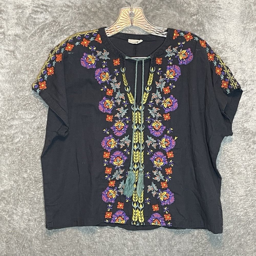 Nautral Life Women Embroidered Boxy Boho Top XL* Oversized Folk Peasant Floral - Picture 3 of 9